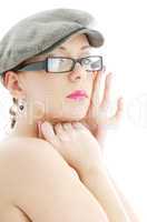 topless lady in black plastic eyeglasses and cap