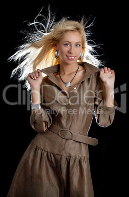 dancing blond in brown dress