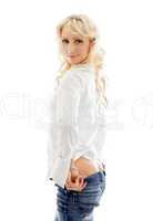 lovely blond pulling jeans down