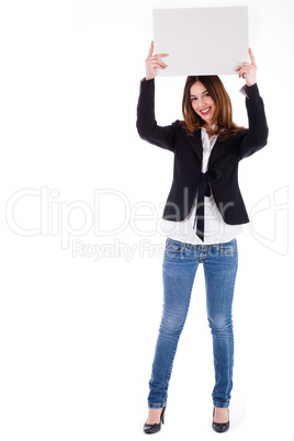 Young model showing a blank board over her head