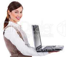 Fashion model holding a open laptop