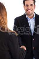 Business man welcomed by women man on focus