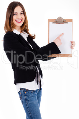 Business women pointing on a blank clip board