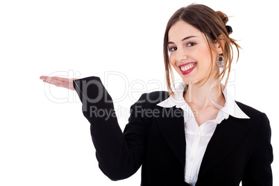 Women pointing at the copy space