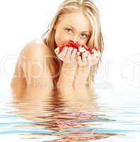 blond with red and white rose petals in water