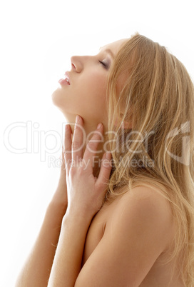 healthy blond with closed eyes over white