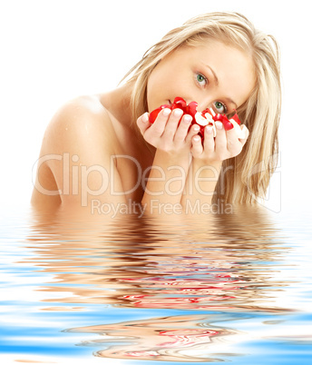 .blond with red and white rose petals in water #2