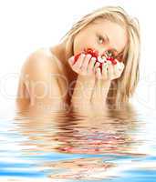 .blond with red and white rose petals in water #2
