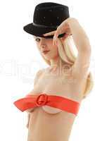 playful blond in red belt and black hat