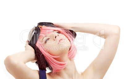 daydreaming pink hair girl in aviator helmet