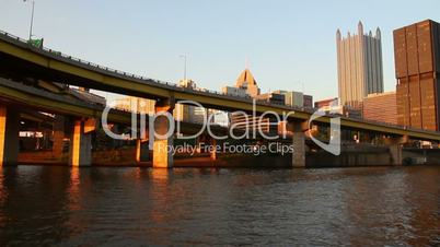 The skyline of Pittsburgh, Pennsylvania as seen from the river at dusk.