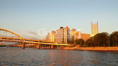 The skyline of Pittsburgh, Pennsylvania as seen from the river at dusk.