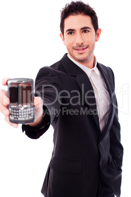 Business man showing a mobile phone