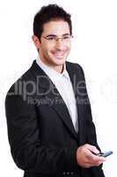 Young attractive business man holding a mobile and smile