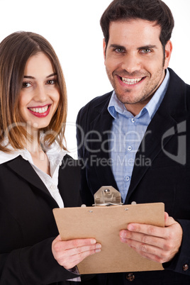 Business people discussing with pad closeup shot