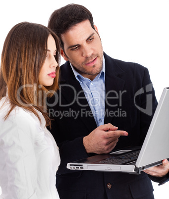 Business people discussing with laptop