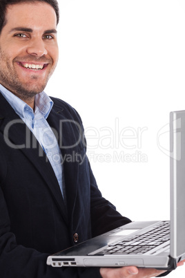 Closeup of a professional holding a laptop