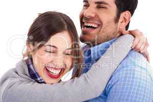 Women smiling on his boyfriend shoulders