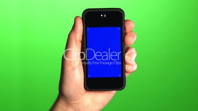 Holding a mobile smartphone.  Green screen for your custom background, and a blue screen for your custom video content.  Blue screen has corner has marks for advanced tracking.  Shot 4:2:2 for clean keying.