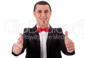 Half length of successful business man with thumbs up