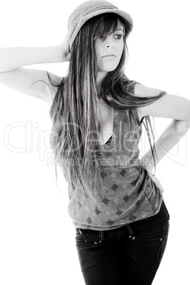 Beauty model with a long hair posing at the left corner