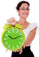 Young business woman showing a green color clock