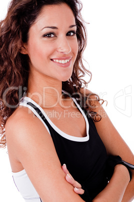 Close up portrait of happy fitness woman with his hands folded