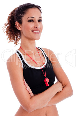 Close up portrait of a beautiful fitness woman with his hands fo