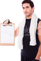 Fitness Man showing a blank clip board