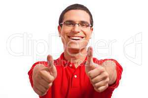 Hands of a Happy young man showing thumbs up
