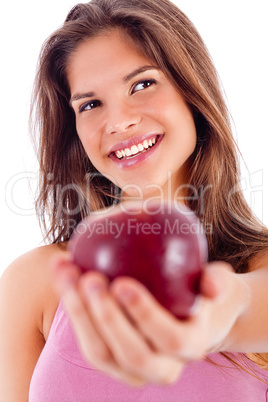 portrait of happy girl showing red apple