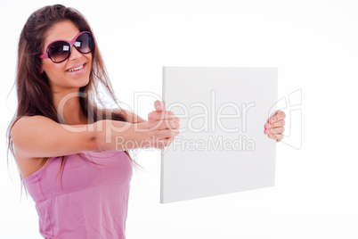 pretty young women showing blank board side view