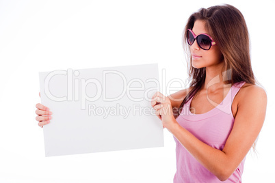 closeup of beautiful young women showing blank board stright hal
