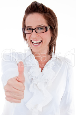 young business woman giveing thumbs up