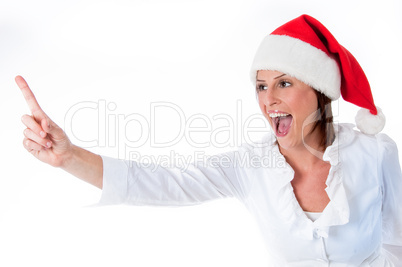 Lovely lady pointing away over white background