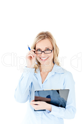 Self-assured businesswoman holding a clipboard
