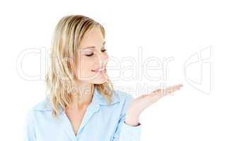 Charming businesswoman presenting isolated