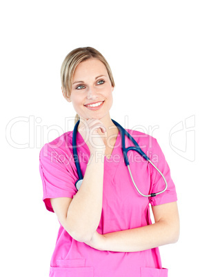 Thoughtful female doctor smiling at the camera