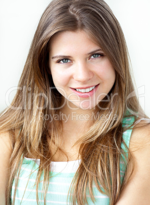 Portrait of an attractive young caucasian woman looking at the c
