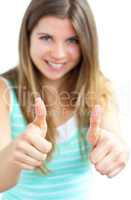 Young caucasian woman with her thumbs up to the camera