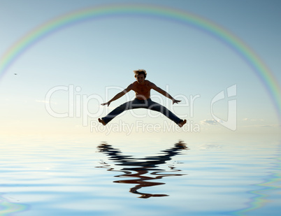 jump over water under rainbow