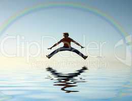 jump over water under rainbow