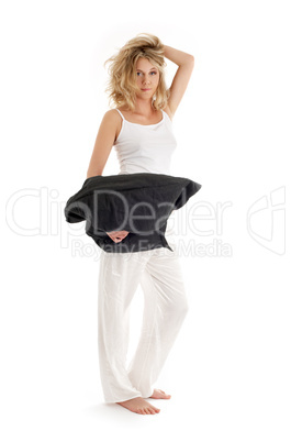 happy blond with black pillow