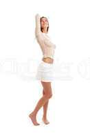 lovely girl in fishnet shirt and white skirt