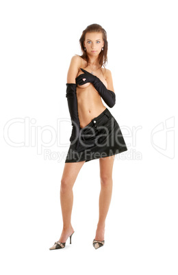 topless girl in black gloves and skirt