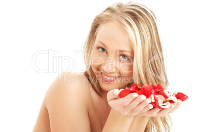 lovely blond in spa with red and white rose petals #3