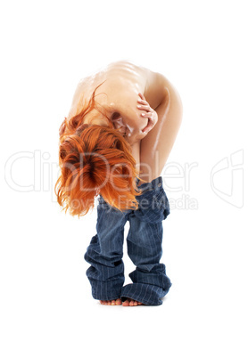 naked redhead in blue jeans over white