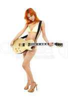 redhead with golden guitar on high heels