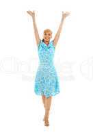happy girl in blue dress with hands up