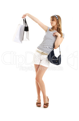 cheerful blond with shopping bags